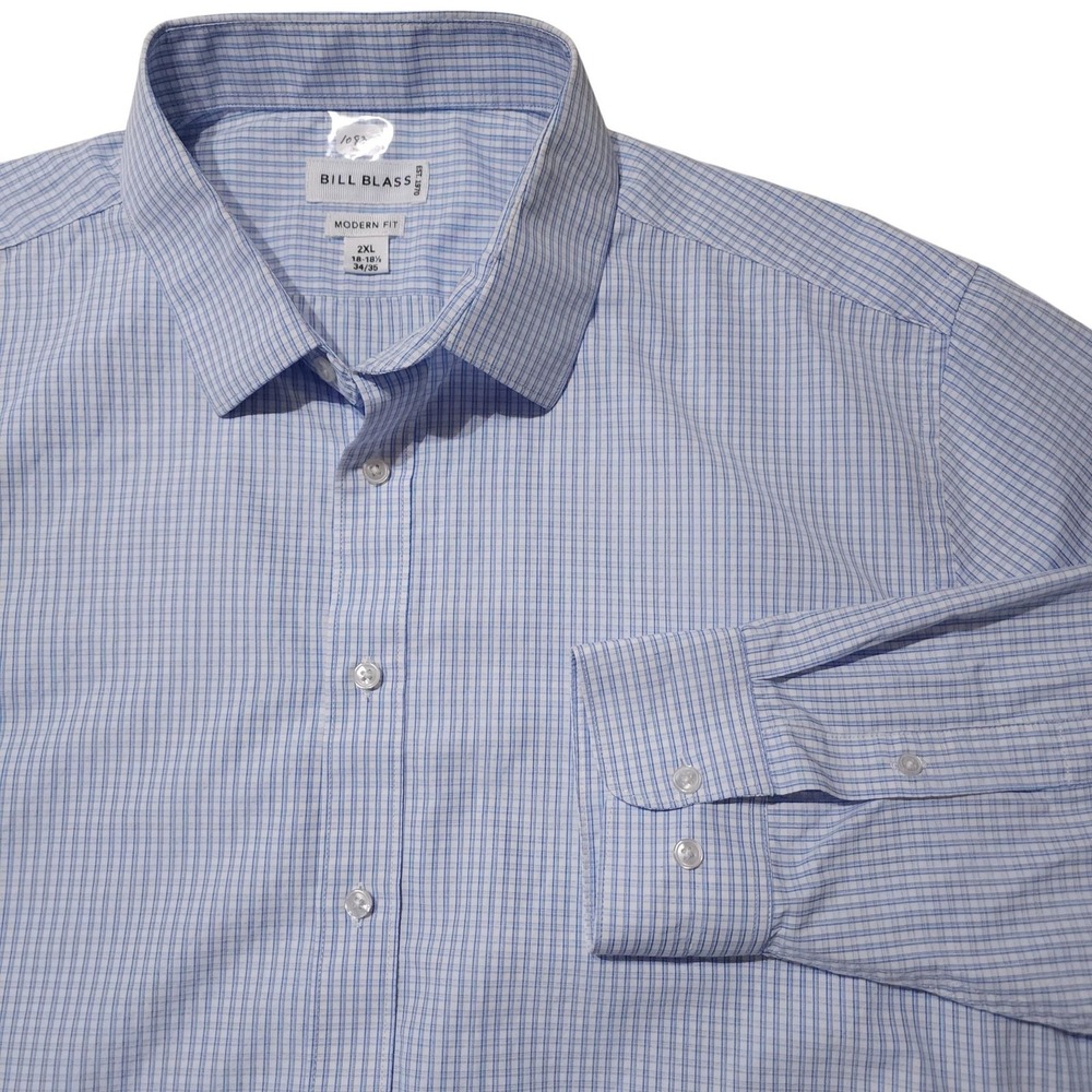 Bill Blass Dress Shirt Mens 18.5 34/35 2XL Blue Check Business Button Up